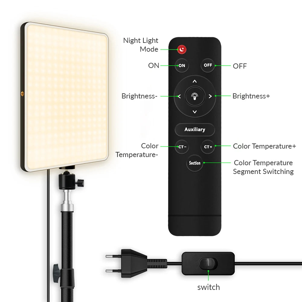 LED Video Light With Professional Tripod Stand Remote Control Dimmable Panel Lighting Photo Studio Live Photography Fill-in Lamp