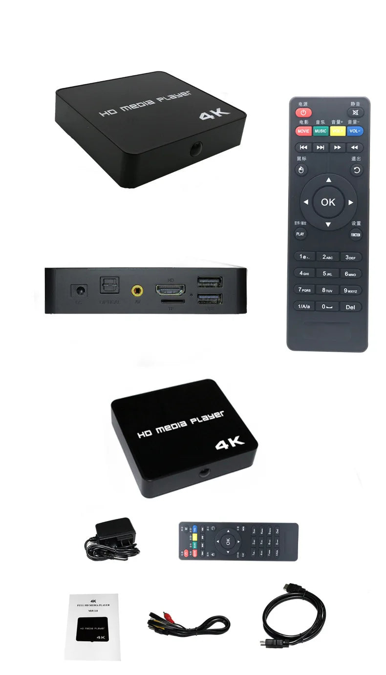 4K@60hz FULL HD Multimedia Player HDD/USB Drive/TF Card with HD-MI/AV Out for HDTV/PPT MKV AVI MP4 H.265