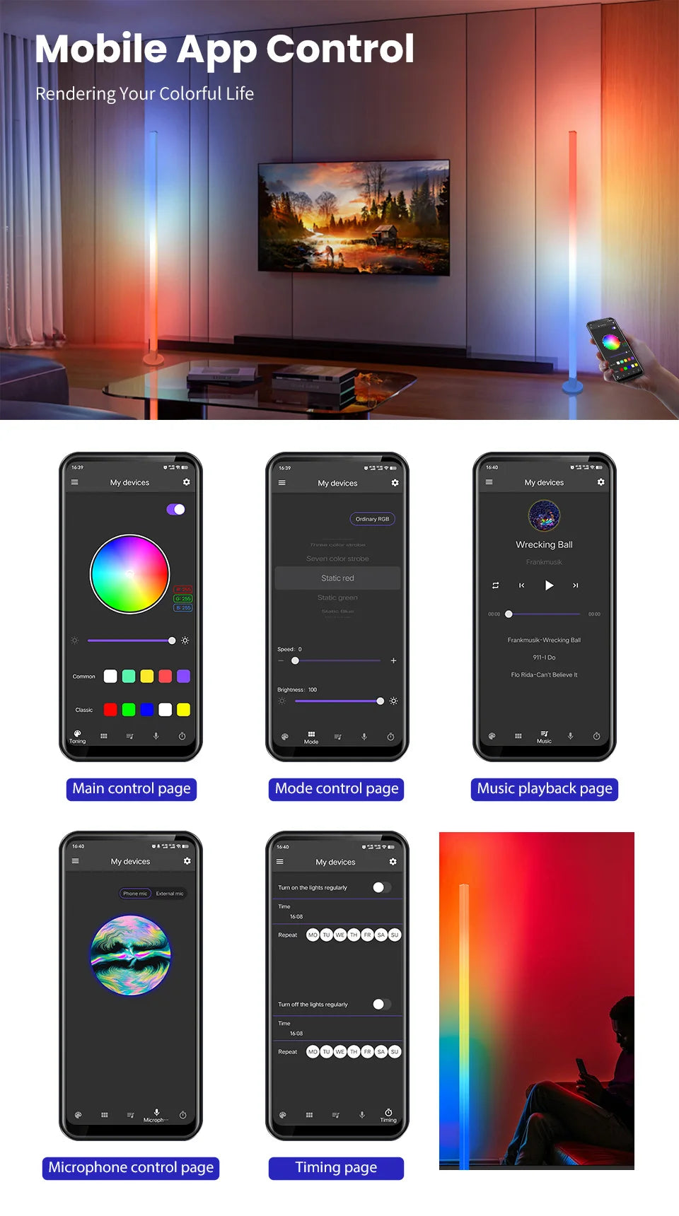 RGB LED Floor Lamp Remote & APP Control Music Sync Corner Lighting Modern Mood Lighting for Bedroom Living Room Gaming decor