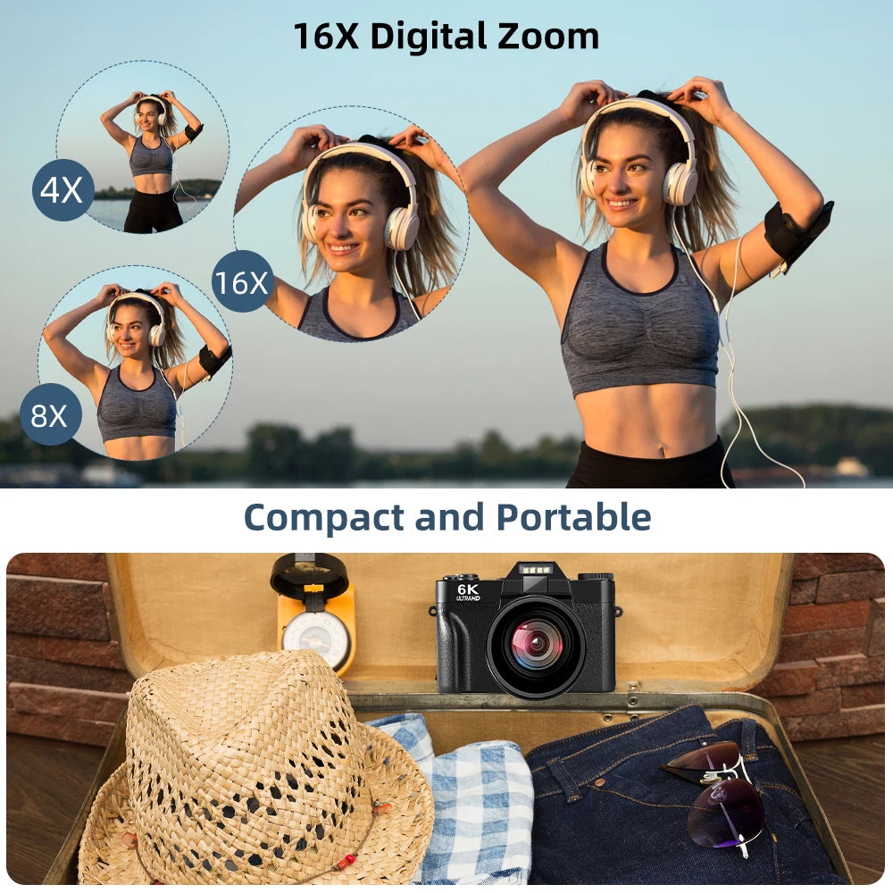 Ourlife 6K Compact Digital Photography Camera 64MP 16X Digital Zoom 180° Flip Screen WiFi Vintage Vlog Video Recorder YouTube