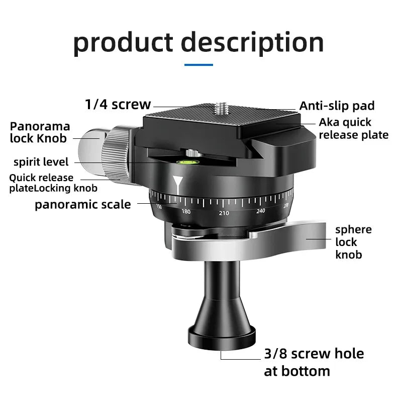 SLR camera panoramic spherical gimbal 360 degree rotating metal gimbal projector gimbal With quick release plate