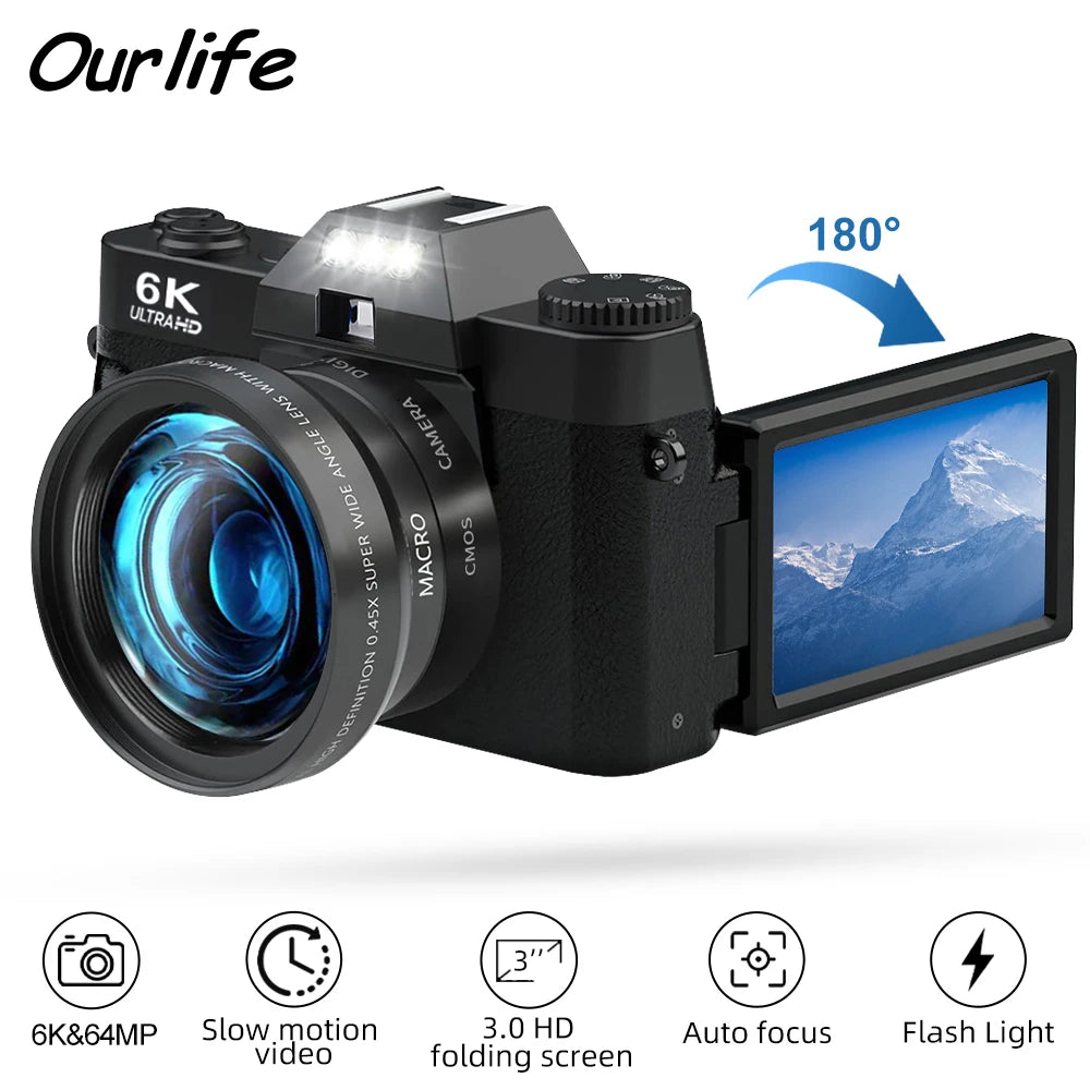 Ourlife 6K Compact Digital Photography Camera 64MP 16X Digital Zoom 180° Flip Screen WiFi Vintage Vlog Video Recorder YouTube