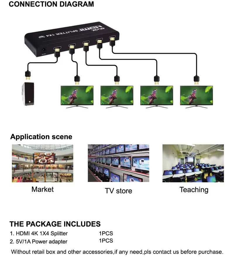 4K 3D 1x4 HDMI Splitter 1x2 Video Distributor 1 in 4 Out 2 Out 4K60Hz Dual Display for PS3 PS4 Camera Laptop PC To TV Monitor