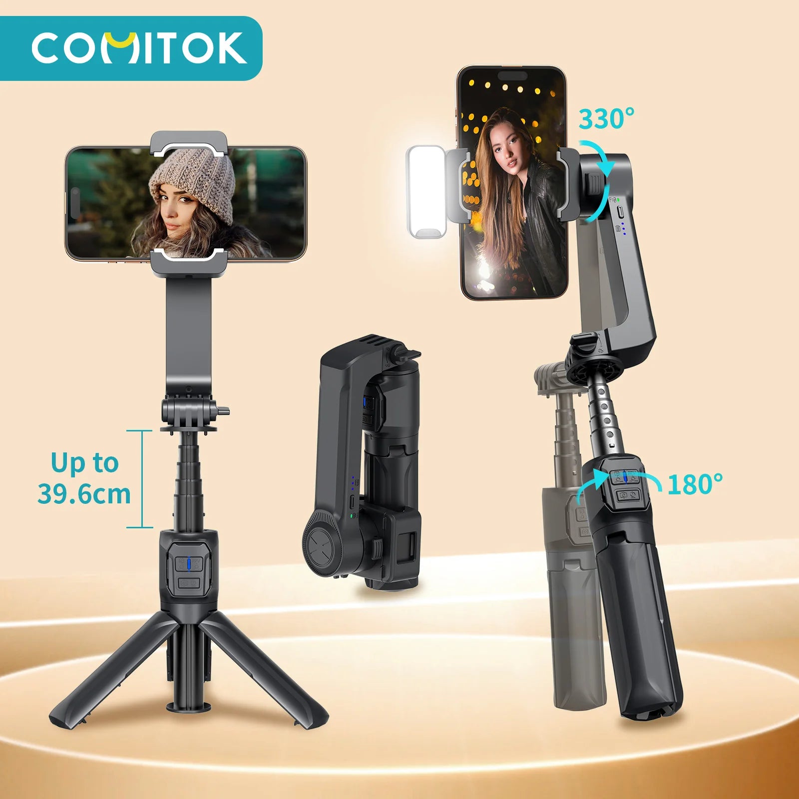 Gimbal Stabilizer Fill Light Selfie Stick Foldable Wireless Tripod with Bluetooth Shutter Monopod for IOS Android Live Streaming