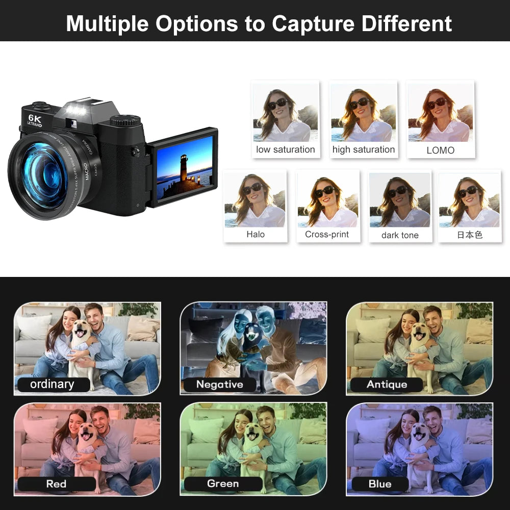 Ourlife 6K Compact Digital Photography Camera 64MP 16X Digital Zoom 180° Flip Screen WiFi Vintage Vlog Video Recorder YouTube