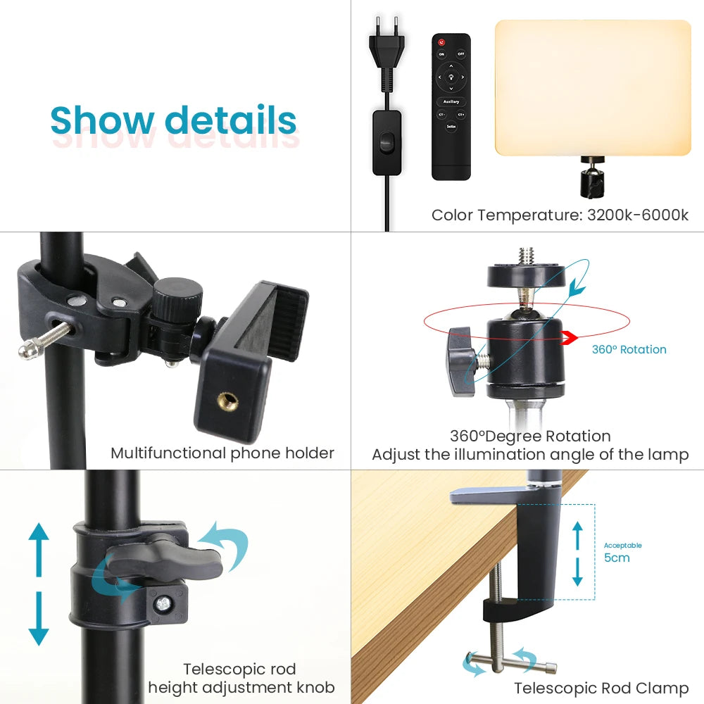 LED Video Light With Professional Tripod Stand Remote Control Dimmable Panel Lighting Photo Studio Live Photography Fill-in Lamp