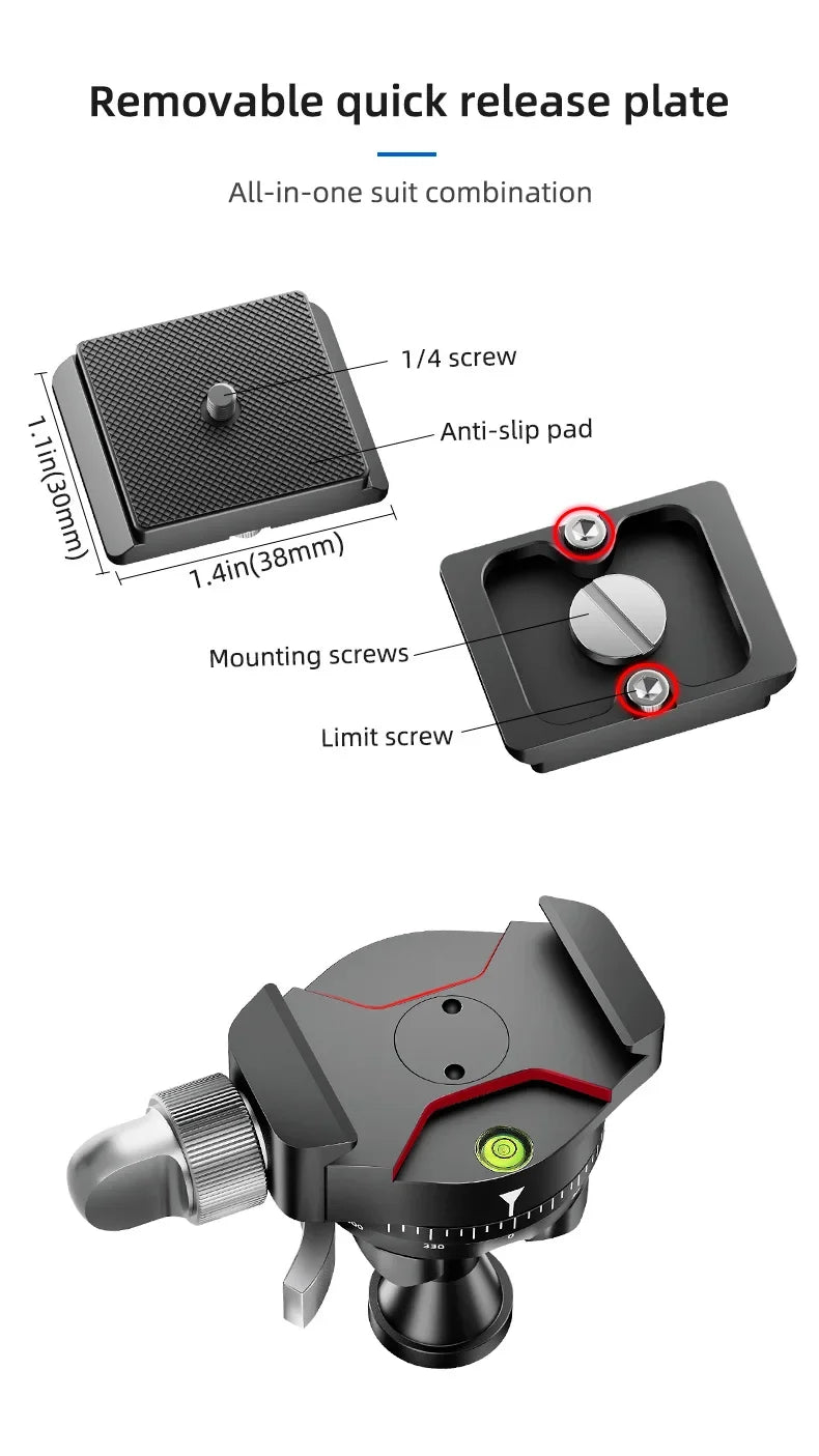 SLR camera panoramic spherical gimbal 360 degree rotating metal gimbal projector gimbal With quick release plate