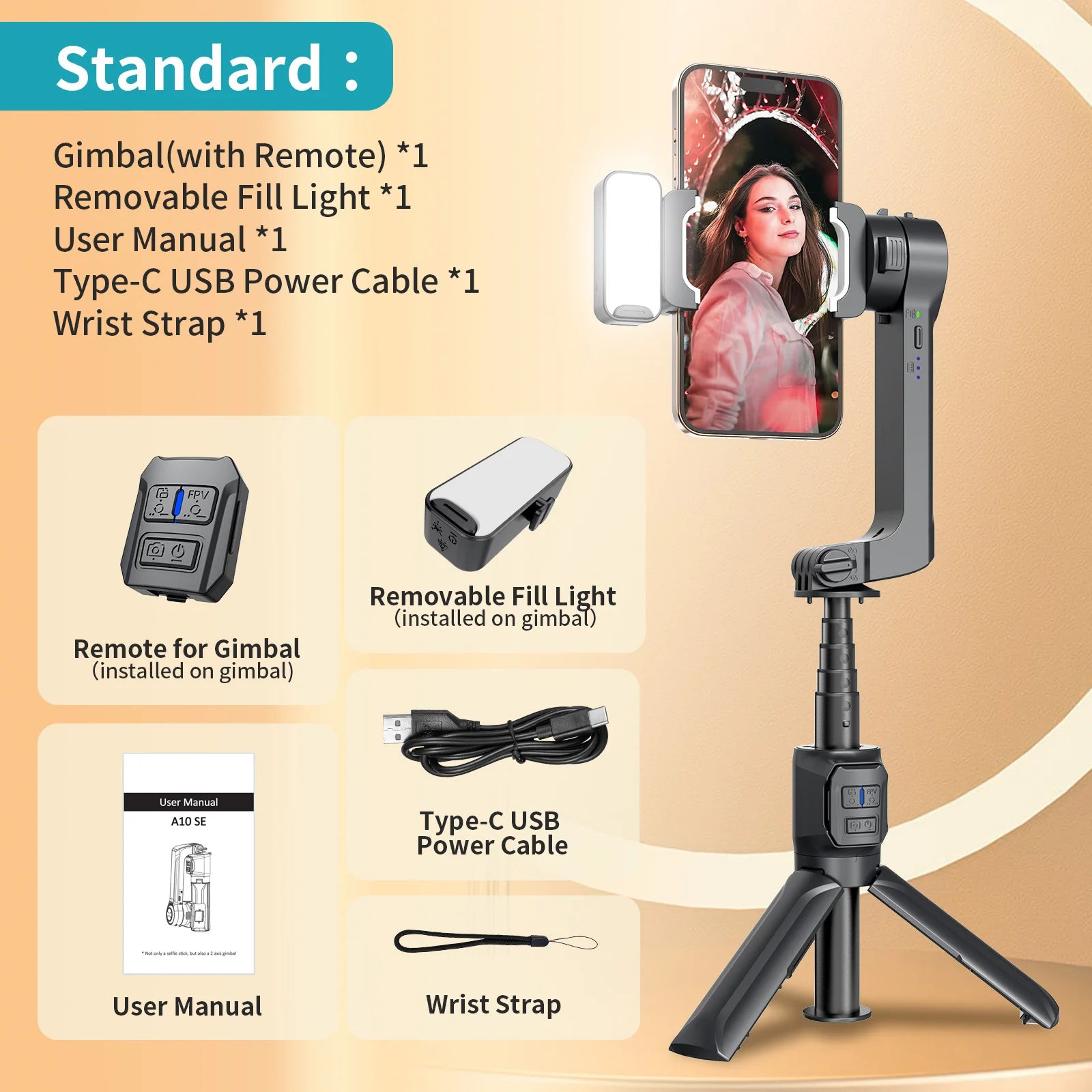 Gimbal Stabilizer Fill Light Selfie Stick Foldable Wireless Tripod with Bluetooth Shutter Monopod for IOS Android Live Streaming