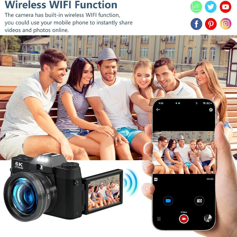 Ourlife 6K Compact Digital Photography Camera 64MP 16X Digital Zoom 180° Flip Screen WiFi Vintage Vlog Video Recorder YouTube