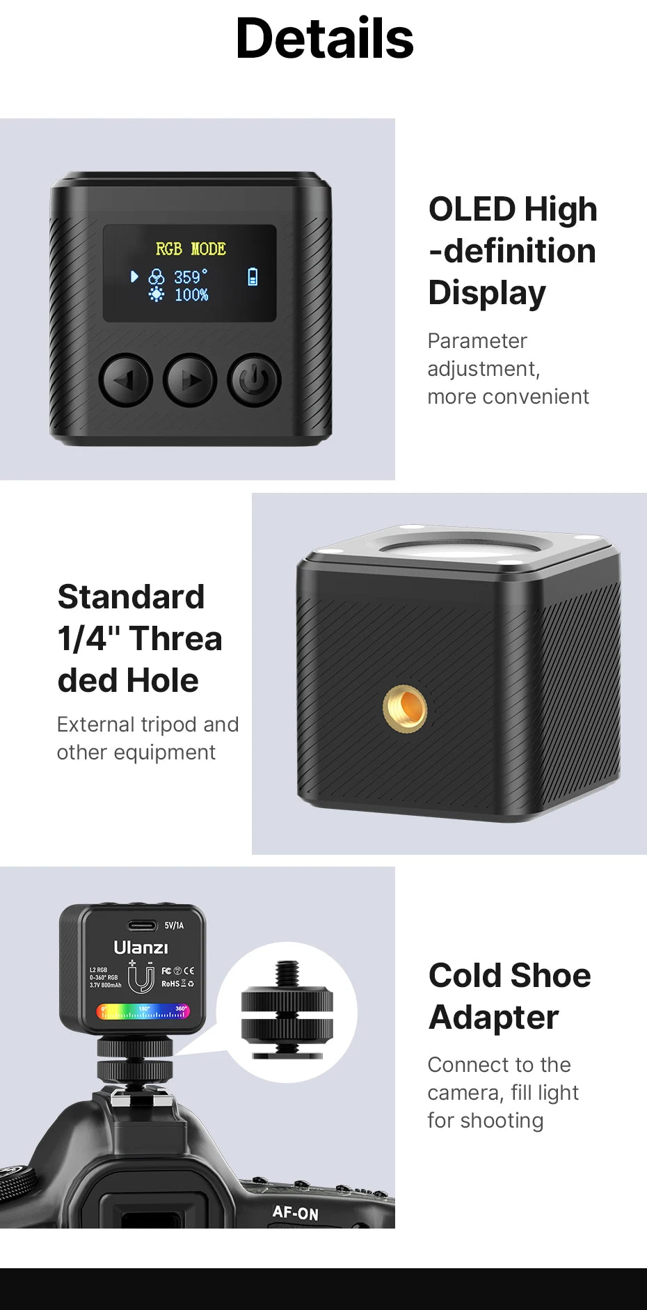 Ulanzi L2 RGB Mini COB Video Light 360° Full Color Magnetic Light with Diffuser for DSLR Camera Lightning Photography Vlog Live