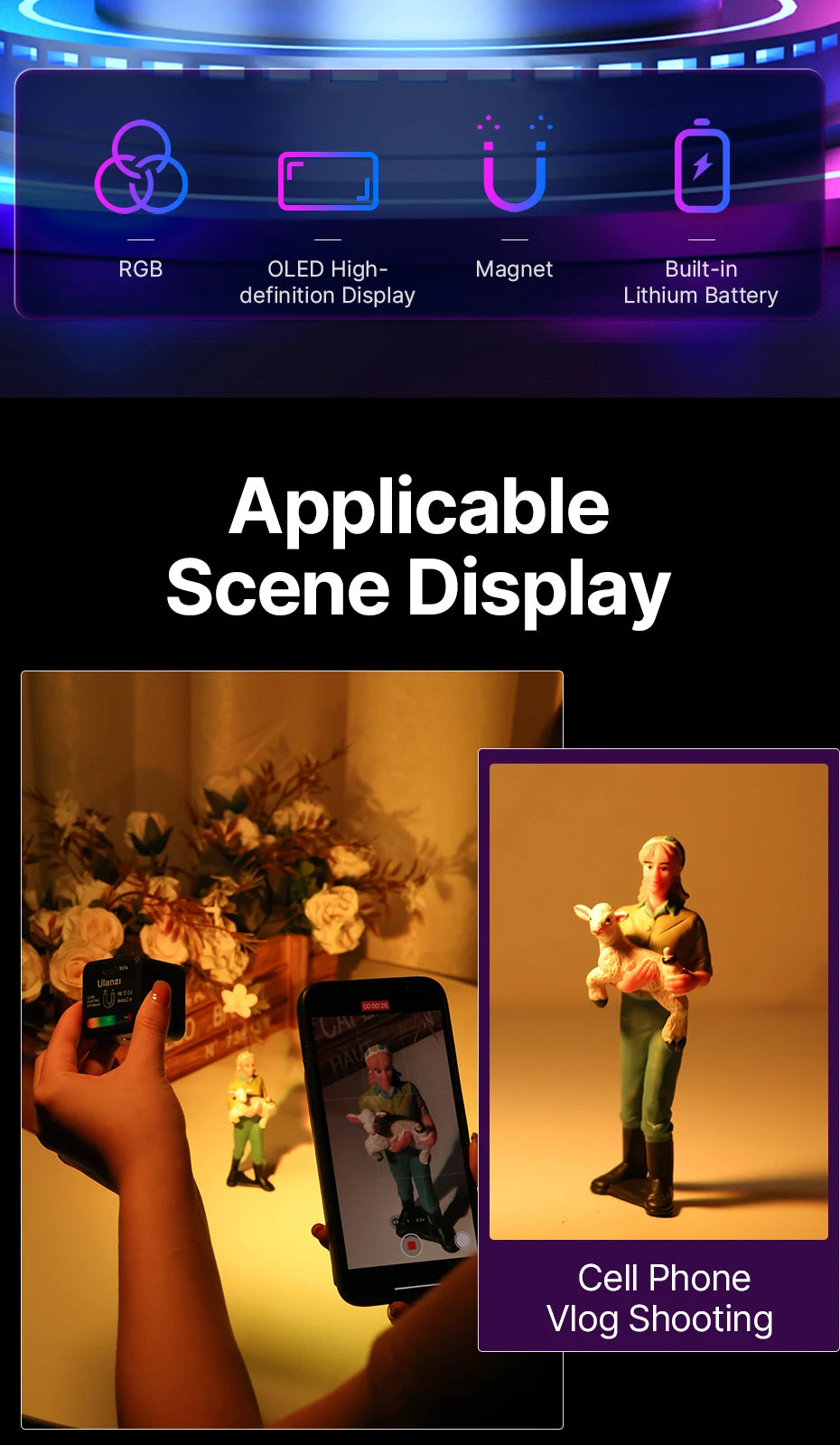 Ulanzi L2 RGB Mini COB Video Light 360° Full Color Magnetic Light with Diffuser for DSLR Camera Lightning Photography Vlog Live