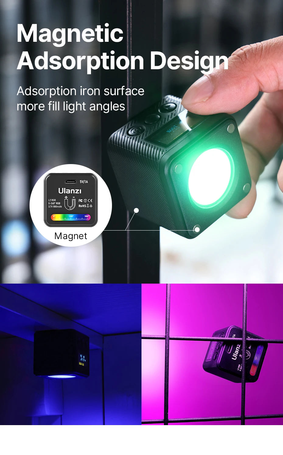 Ulanzi L2 RGB Mini COB Video Light 360° Full Color Magnetic Light with Diffuser for DSLR Camera Lightning Photography Vlog Live