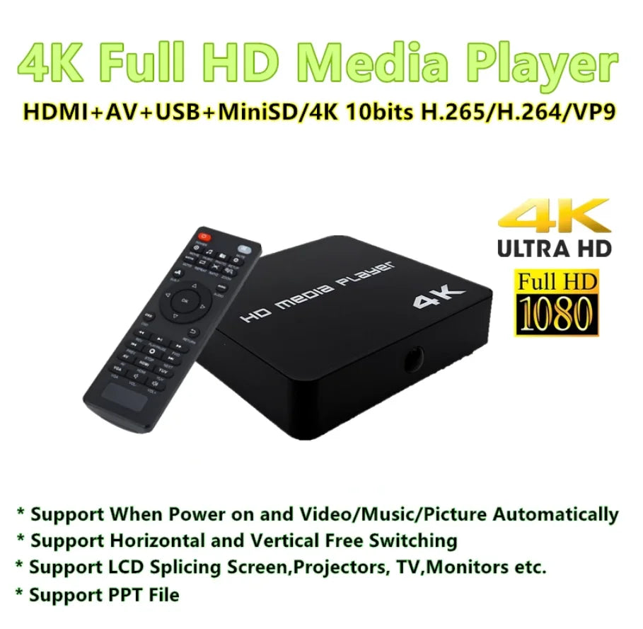 4K@60hz FULL HD Multimedia Player HDD/USB Drive/TF Card with HD-MI/AV Out for HDTV/PPT MKV AVI MP4 H.265