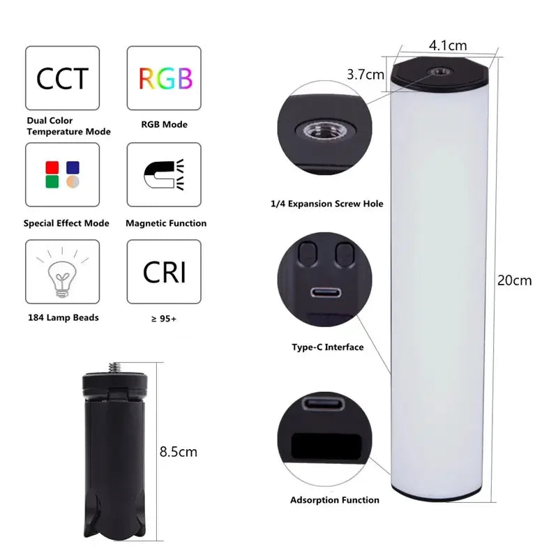 W200 LED RGB Soft Light Tube Light Handheld Photography Stick Creative Video Fill Handheld Led Light Stick 360 Full Color