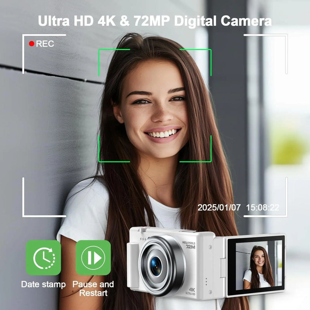 4K Digital Camera 72MP Autofocus Point and Shoot Cam with 12X Optical Zoom 3 Inch Flip Screen WiFi Vlogging Camera 2 Batteries