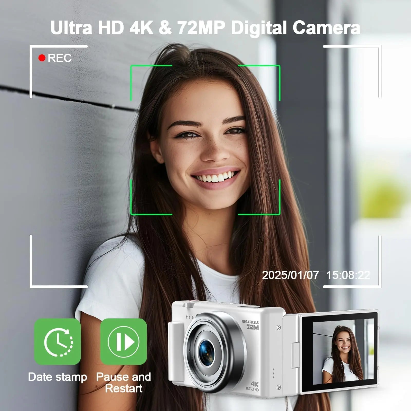 4K Digital Camera 72MP Autofocus Point and Shoot Cam with 12X Optical Zoom 3 Inch Flip Screen WiFi Vlogging Camera 2 Batteries
