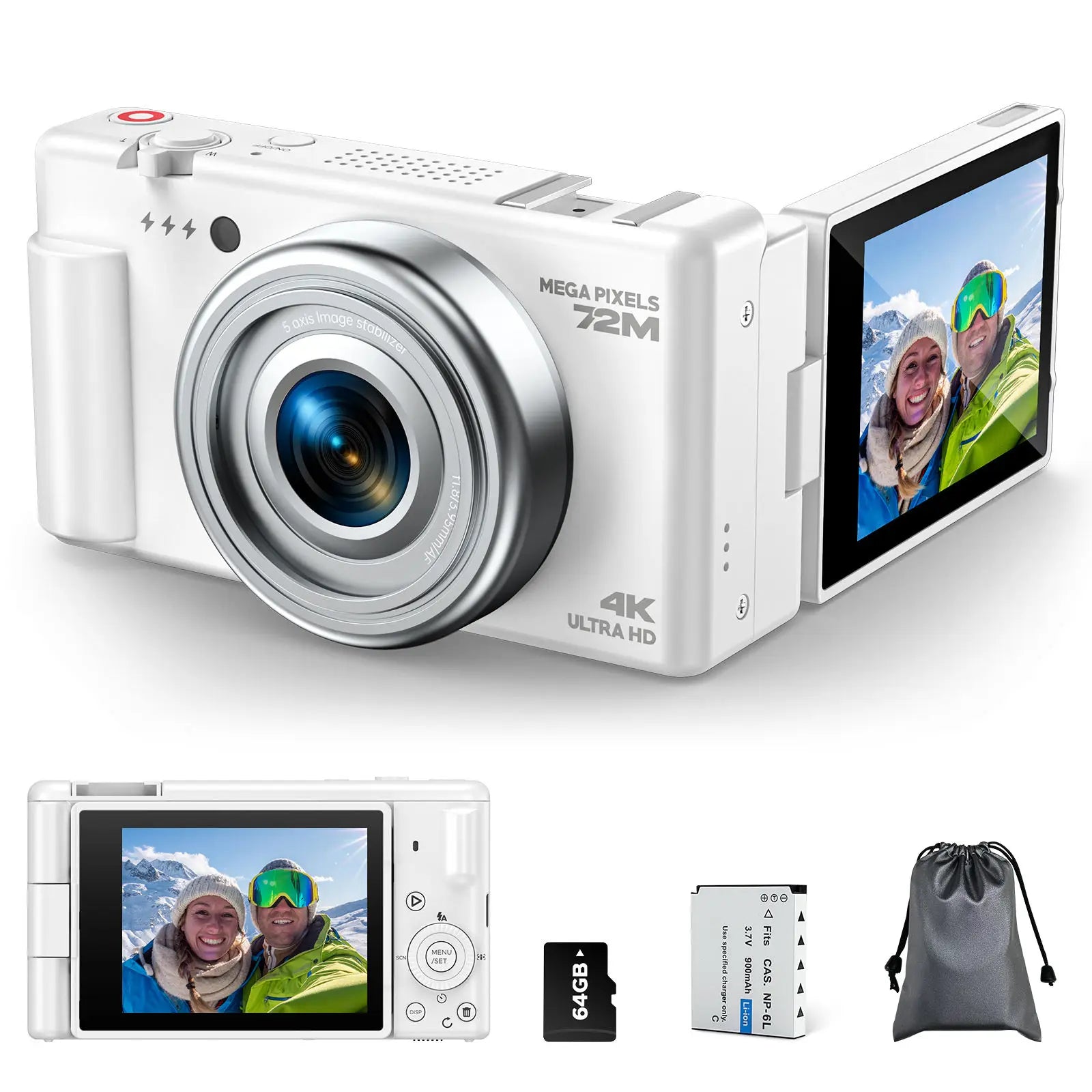 4K Digital Camera 72MP Autofocus Point and Shoot Cam with 12X Optical Zoom 3 Inch Flip Screen WiFi Vlogging Camera 2 Batteries