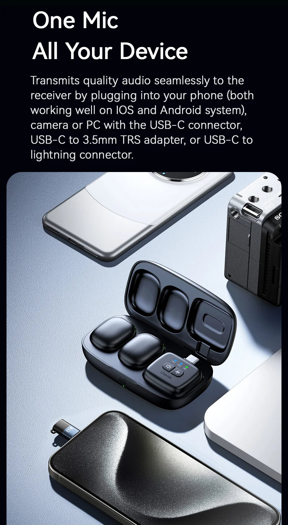 Ulanzi A30 Tiny Mic Wireless Lavalier Microphone 50M Audio Video Voice Recording Mic for iPhone 16 15 Android Phone DSLR Cameras