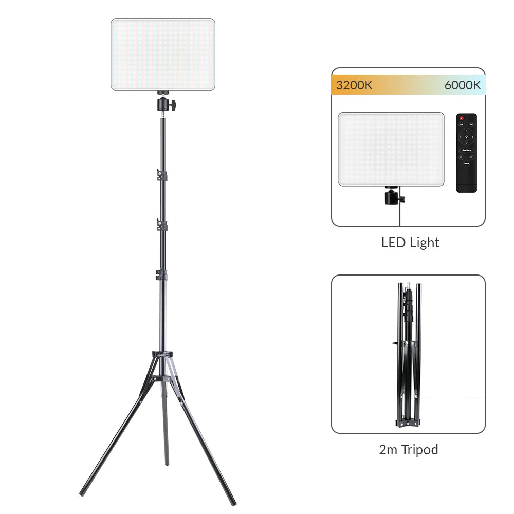 LED Video Light With Professional Tripod Stand Remote Control Dimmable Panel Lighting Photo Studio Live Photography Fill-in Lamp