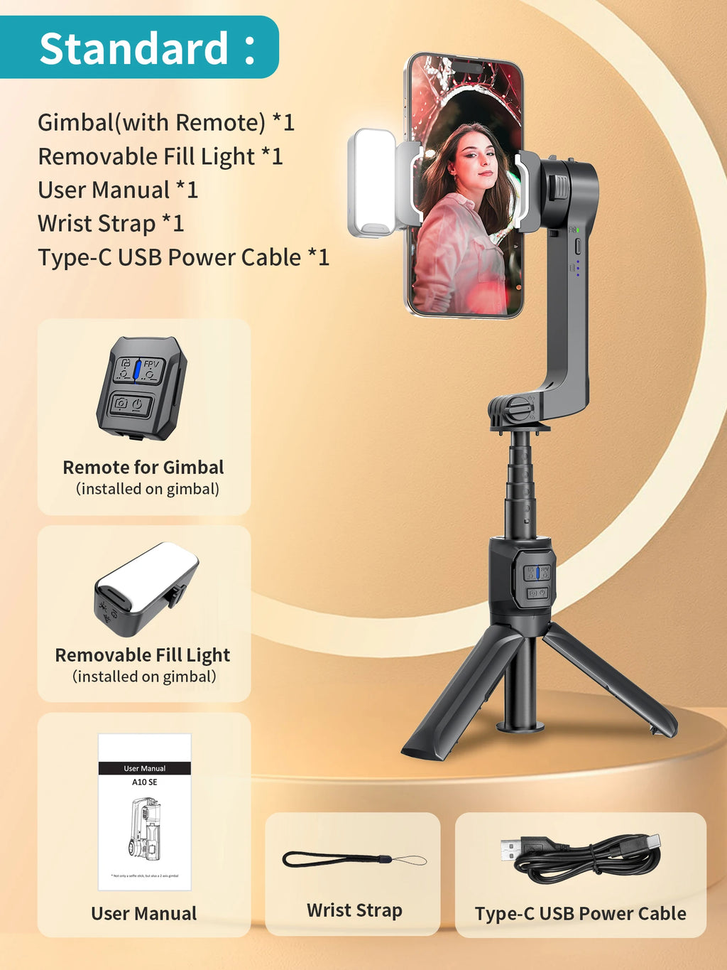 Gimbal Stabilizer Fill Light Selfie Stick Foldable Wireless Tripod with Bluetooth Shutter Monopod for IOS Android Live Streaming
