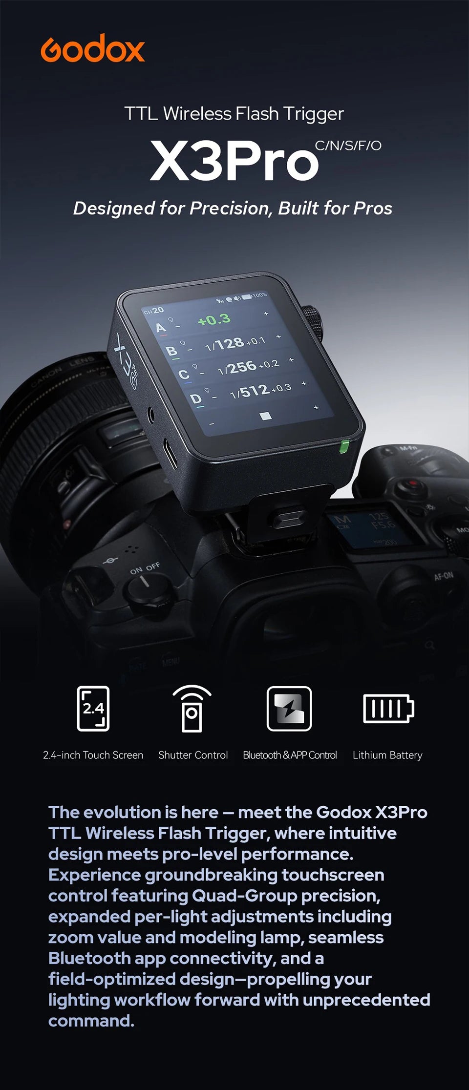 Godox X3Pro TTL Wireless Flash Trigger 2.4GHz Wireless X System Bluetooth Integration APP Control Fast Charging Long Runtime