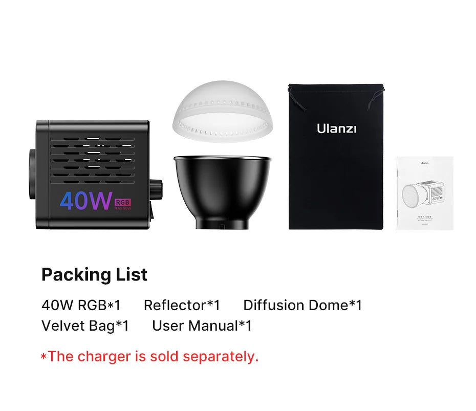 Ulanzi L024 40W RGB Video Light 2500-6500K Bi-color 0-359° RGB COB Light Mini Bowens Mount Fill Light 3400mAh COB Light