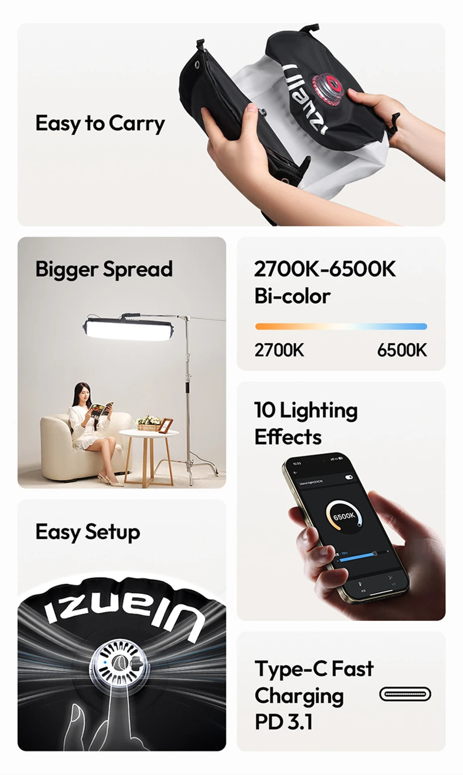 Ulanzi AL60 60W / AL120 120W Inflatable Air Tube Light APP Control LED Video Light Bi-Color Light Stick w Handle for Photography