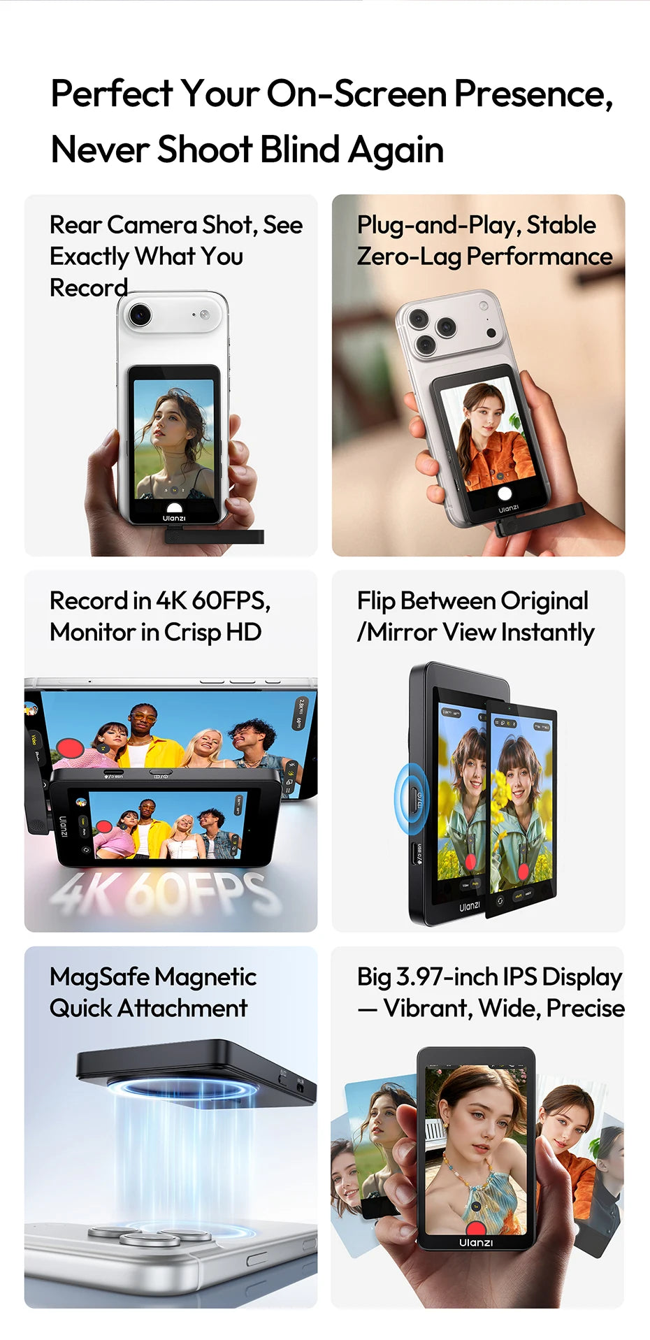 Ulanzi VM1 Vlog Selfie Monitor Screen for iphone 17 16 15 Android Smartphone 4K Magnetic for Studio Vlog Photography Shots