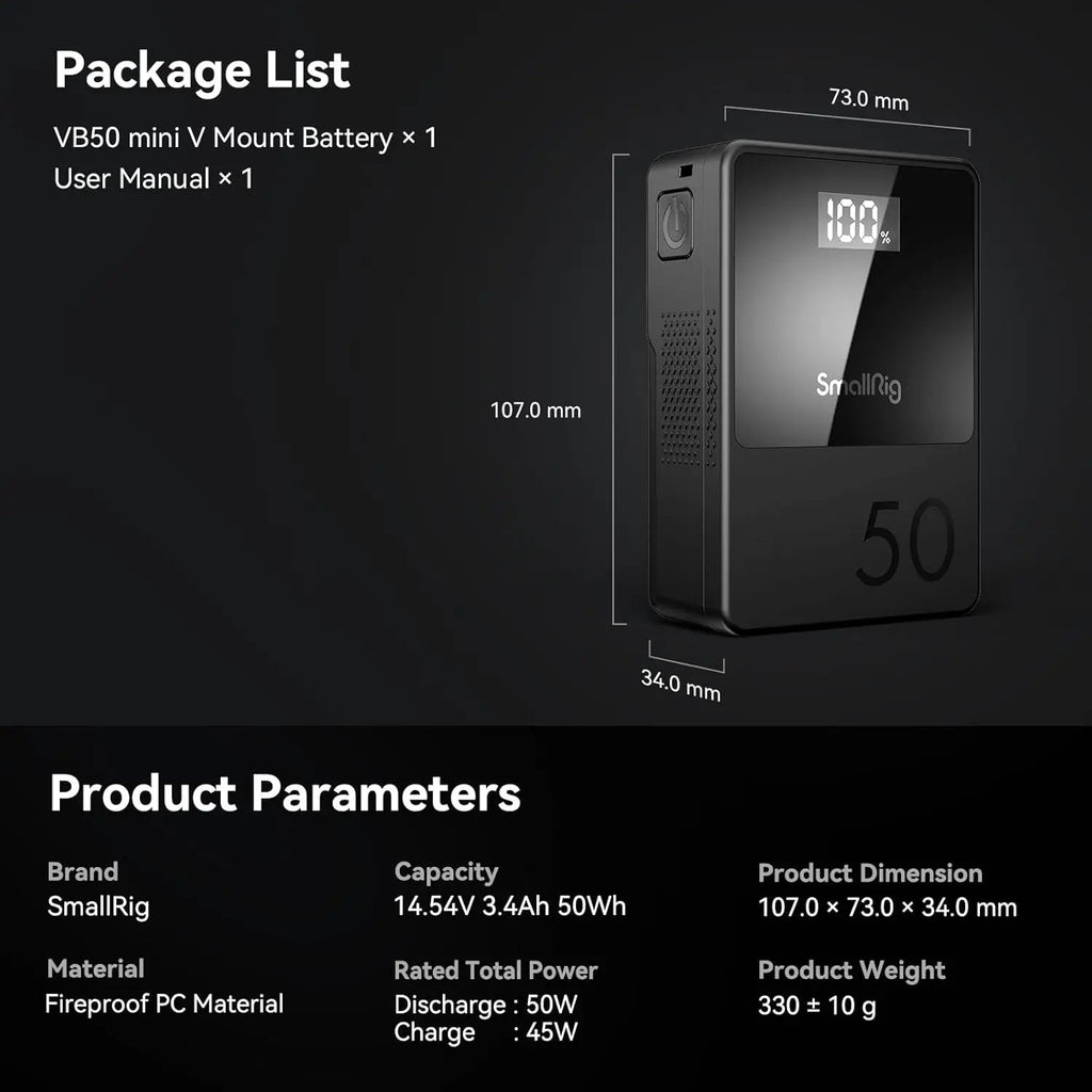 SMALLRIG V Mount Battery VB50 50Wh 3400mAh V Lock Battery with 45W Output USB-C D-TAP USB-A Dual DC Ports for Camera Camcorder