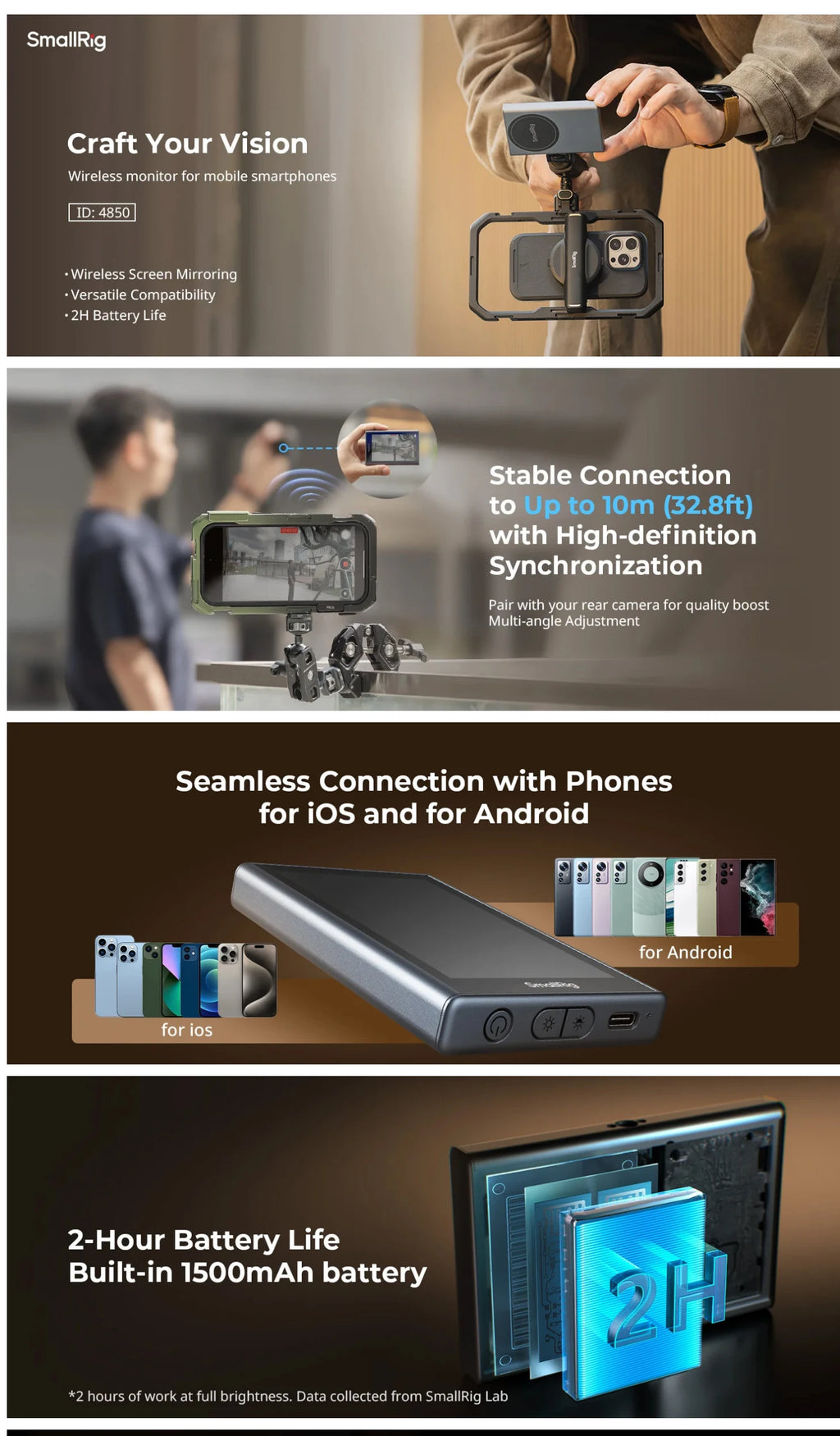 SmallRig Wireless Video Monitor Rear Camera 1080P 4K Wireless Screen Mirroring for Android IOS Phones Cameras 4851/4850