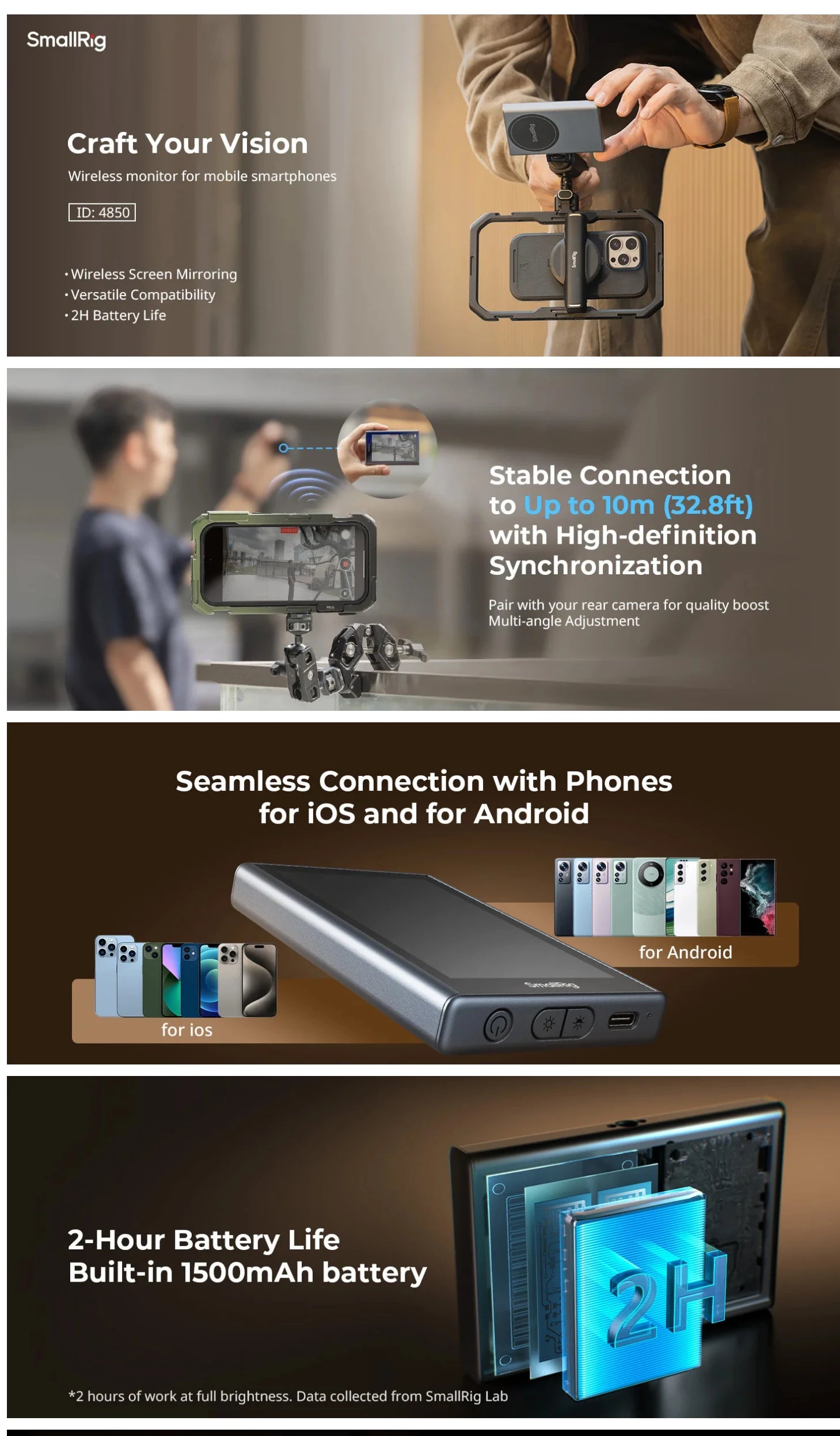 SmallRig Wireless Video Monitor Rear Camera 1080P 4K Wireless Screen Mirroring for Android IOS Phones Cameras 4851/4850