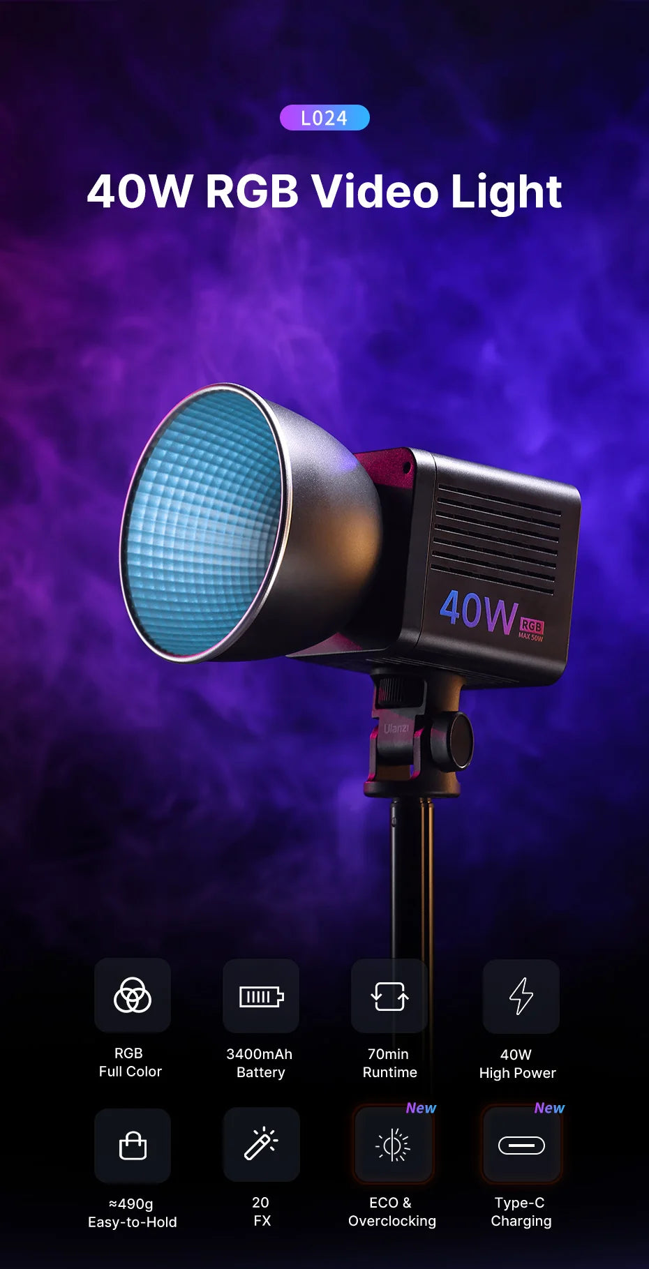 Ulanzi L024 40W RGB Video Light 2500-6500K Bi-color 0-359° RGB COB Light Mini Bowens Mount Fill Light 3400mAh COB Light