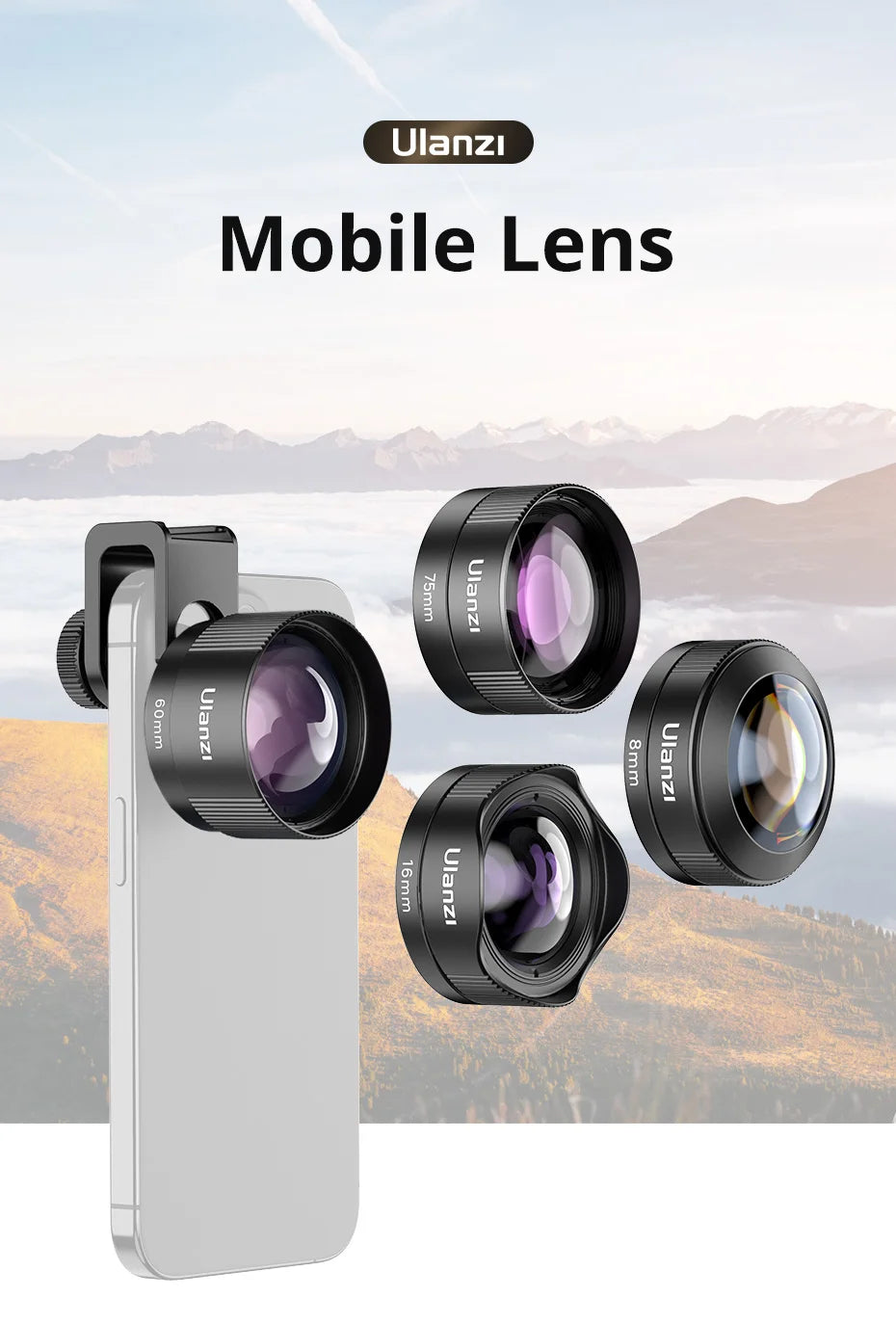 Ulanzi Mobile Lens 75mm Macro / 8mm Fisheye / 16mm Wide-Angle / 60mm Telephoto Lens Smartphone Shooting Photography Accessories