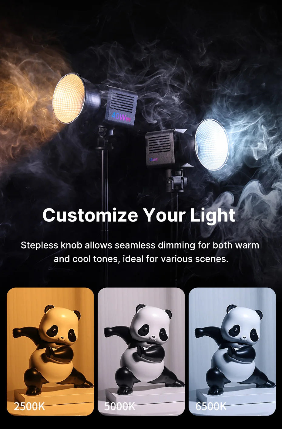 Ulanzi L024 40W RGB Video Light 2500-6500K Bi-color 0-359° RGB COB Light Mini Bowens Mount Fill Light 3400mAh COB Light