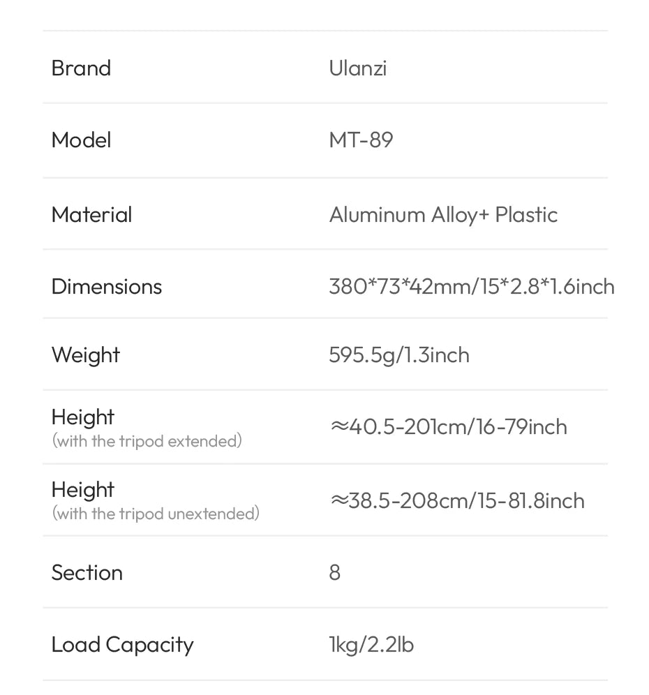 Ulanzi MT-89 2M Quick Release Light Stand Extendable Tripod with Cold Shoe Mount 1/4'' QR Plate for DSLR Camera Video Light Mic