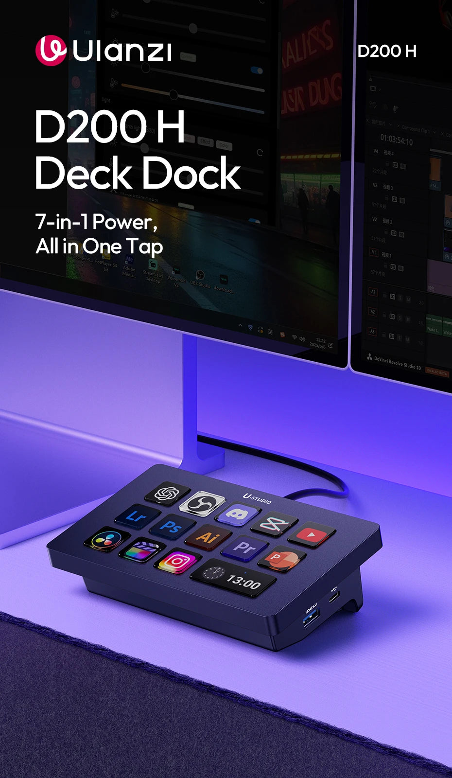 Ulanzi D200H Deck Dock Streaming Controller for Photography Desk Intelligent Lighting Control Office Assistant Streaming Control