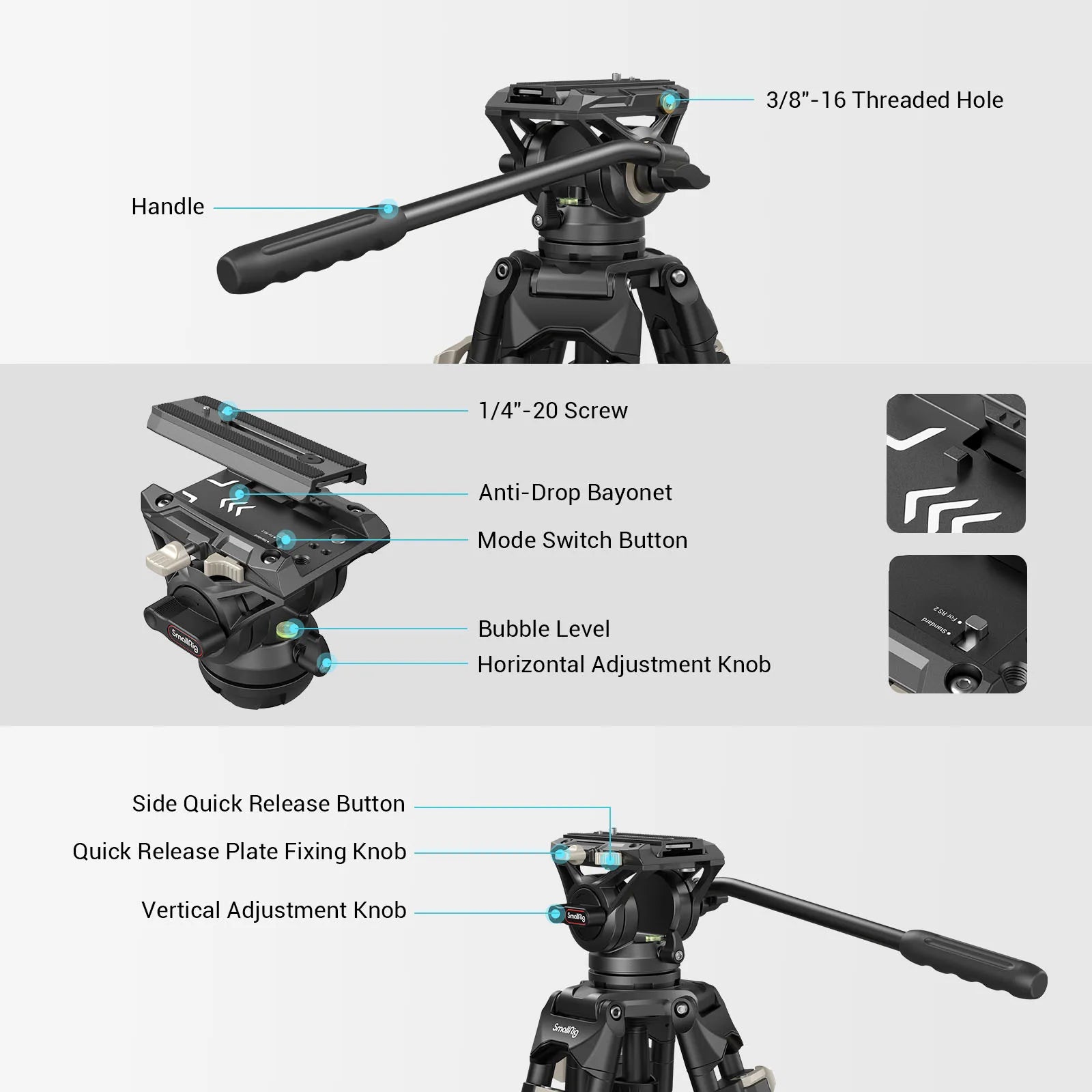 SmallRig AD-01 Heavy-Duty 360° Fluid Head Tripod 186cm Video Tripod with Quick Release Plate QR System for DSLR Camera Camcorder
