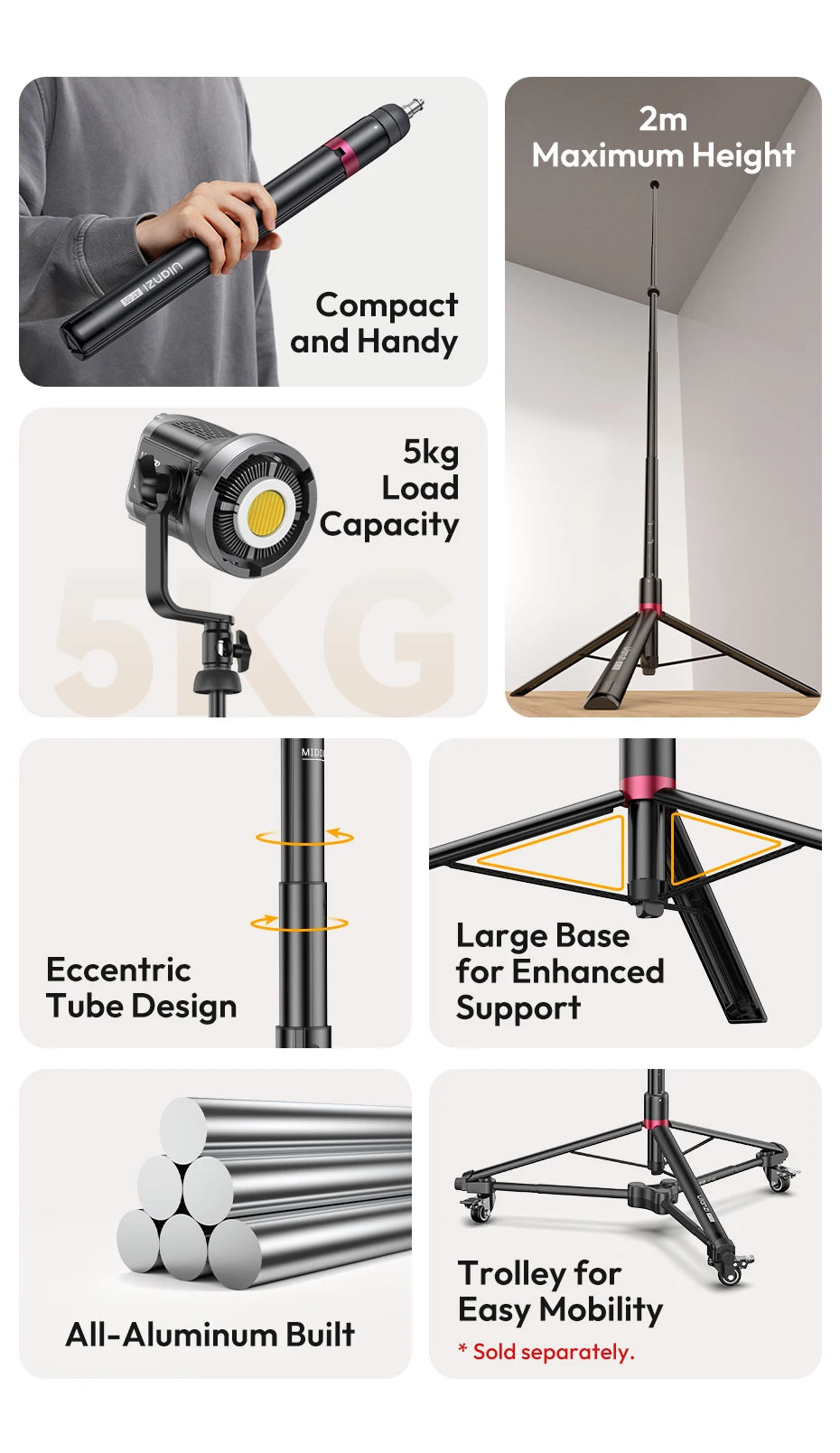 Ulanzi AT-05 2M Heavy Duty Foldable Tripod Light Stand for DSLR Camera Video Light Photography Studio Livestreaming Max Load 5KG