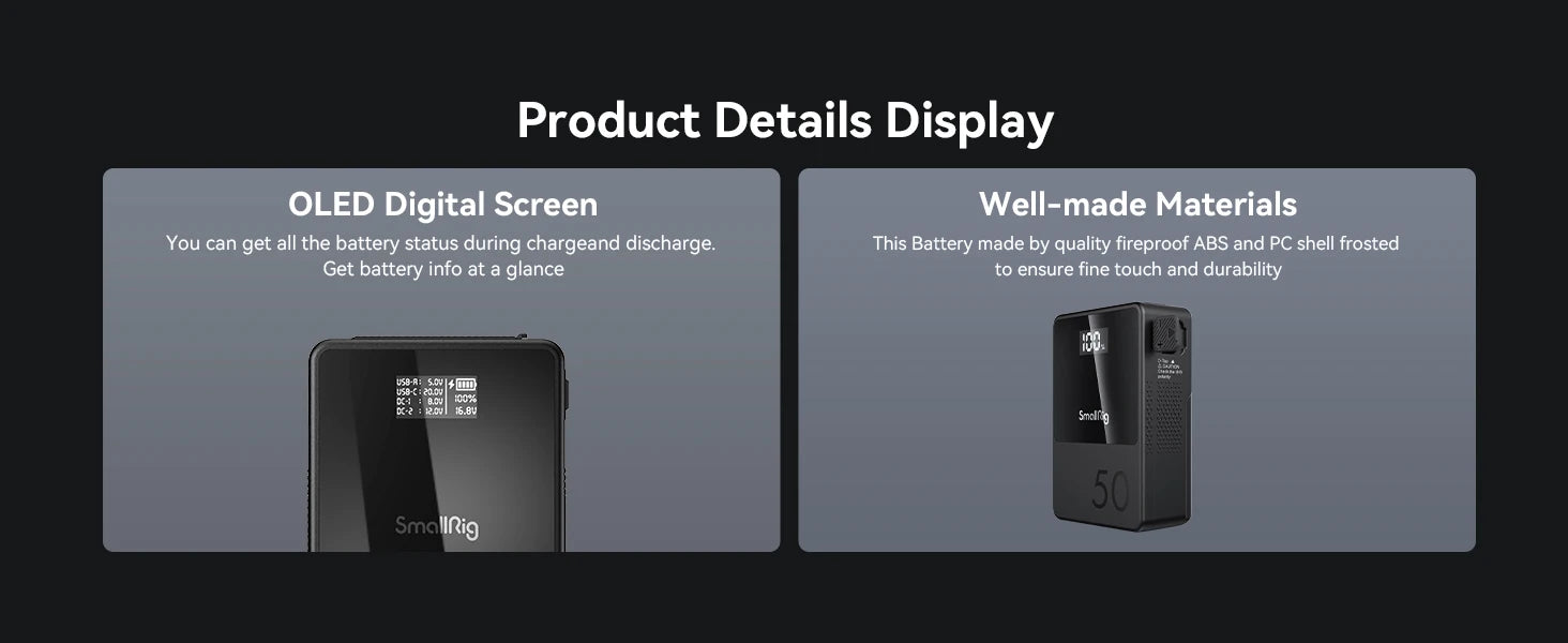 SMALLRIG V Mount Battery VB50 50Wh 3400mAh V Lock Battery with 45W Output USB-C D-TAP USB-A Dual DC Ports for Camera Camcorder