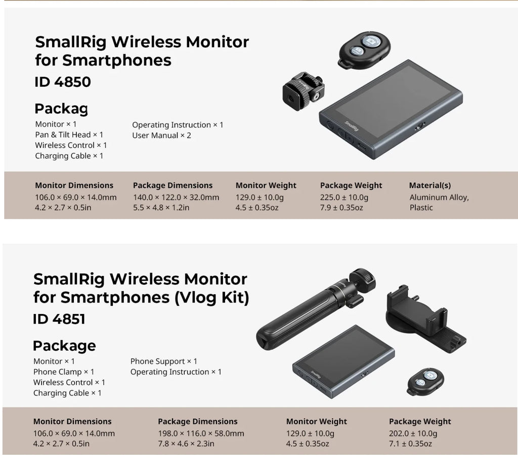 SmallRig Wireless Video Monitor Rear Camera 1080P 4K Wireless Screen Mirroring for Android IOS Phones Cameras 4851/4850