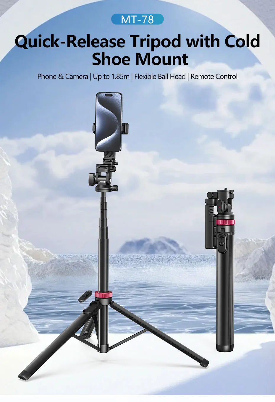 Ulanzi MT-78 Quick-Release Tripod for Camera Smartphone Fill Light Max1.85m Tripod Selfie with Remote Control