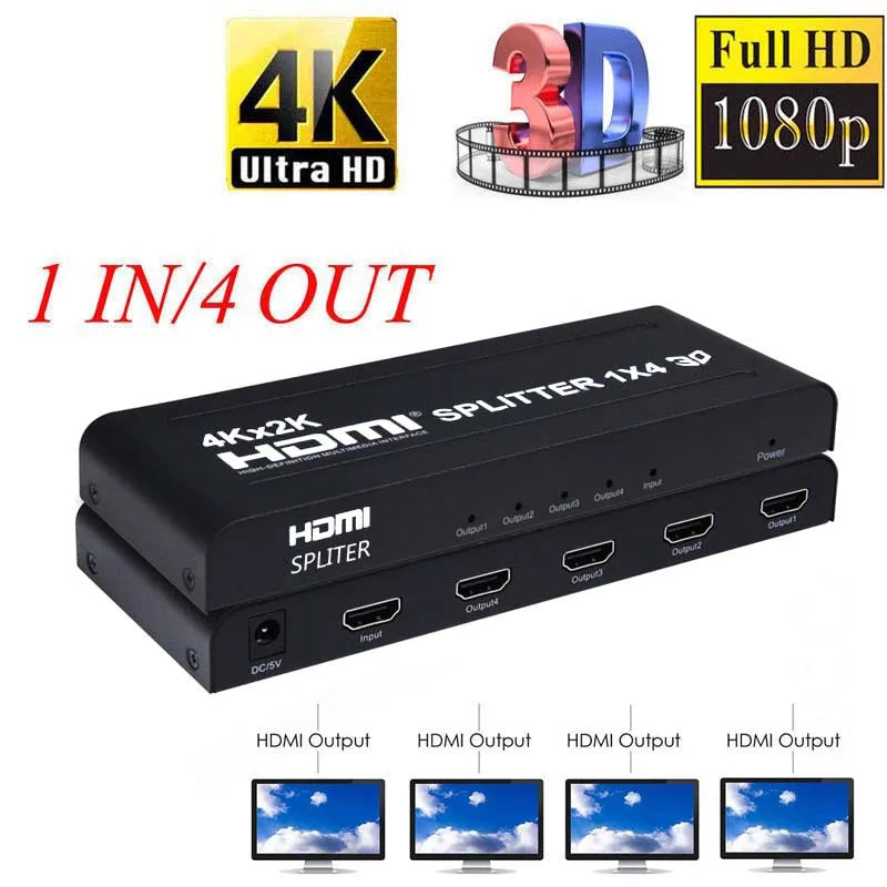 4K 3D 1x4 HDMI Splitter 1x2 Video Distributor 1 in 4 Out 2 Out 4K60Hz Dual Display for PS3 PS4 Camera Laptop PC To TV Monitor