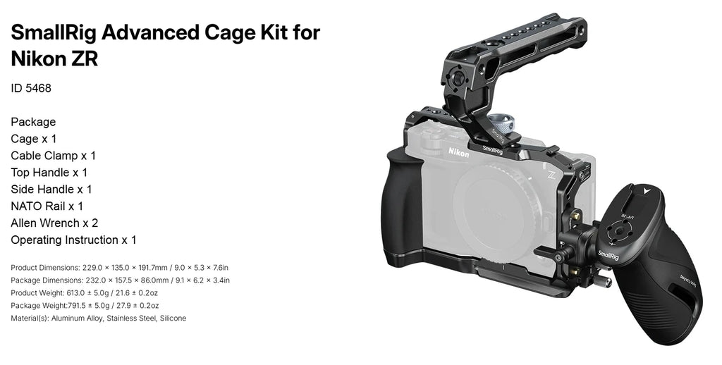 SmallRig Full Camera Cage Kit for Nikon ZR with Top and Side Handle Camera Extended Protection Cage Photography Accessory