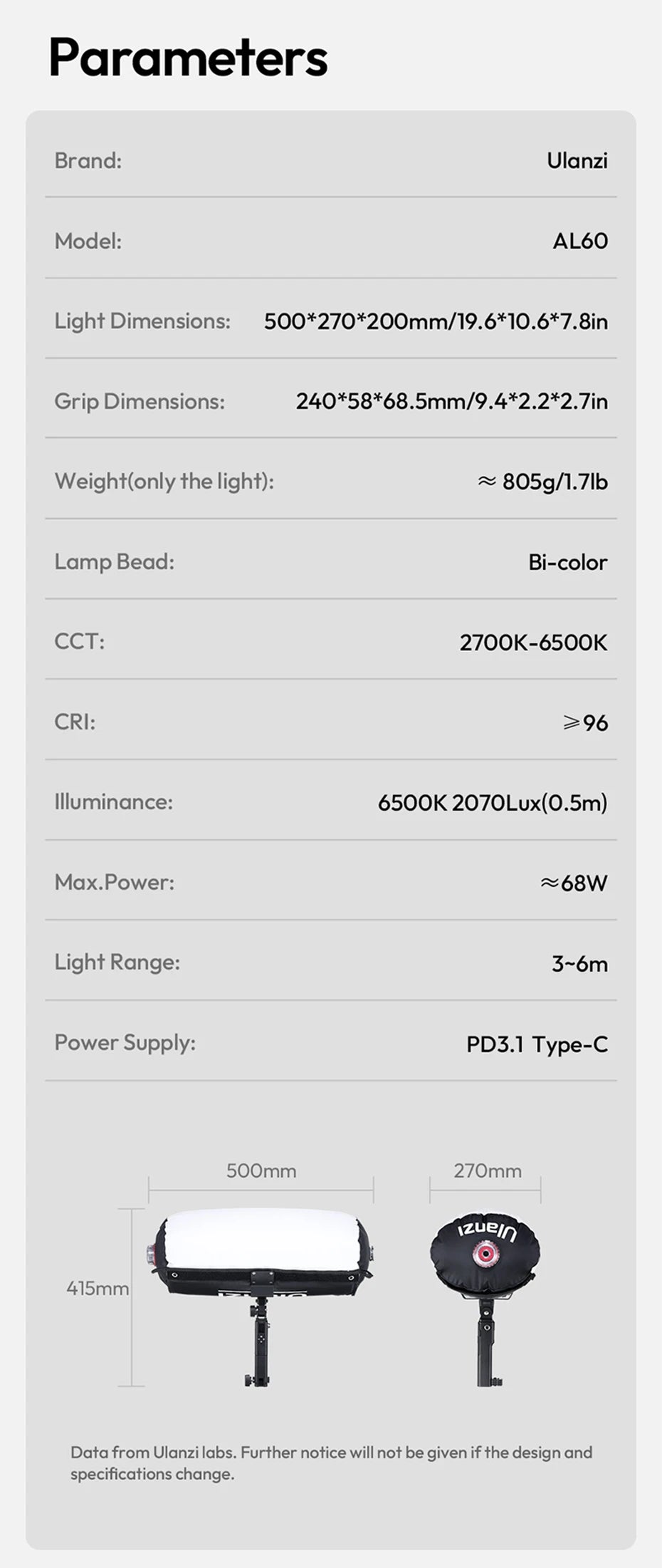 Ulanzi AL60 60W / AL120 120W Inflatable Air Tube Light APP Control LED Video Light Bi-Color Light Stick w Handle for Photography