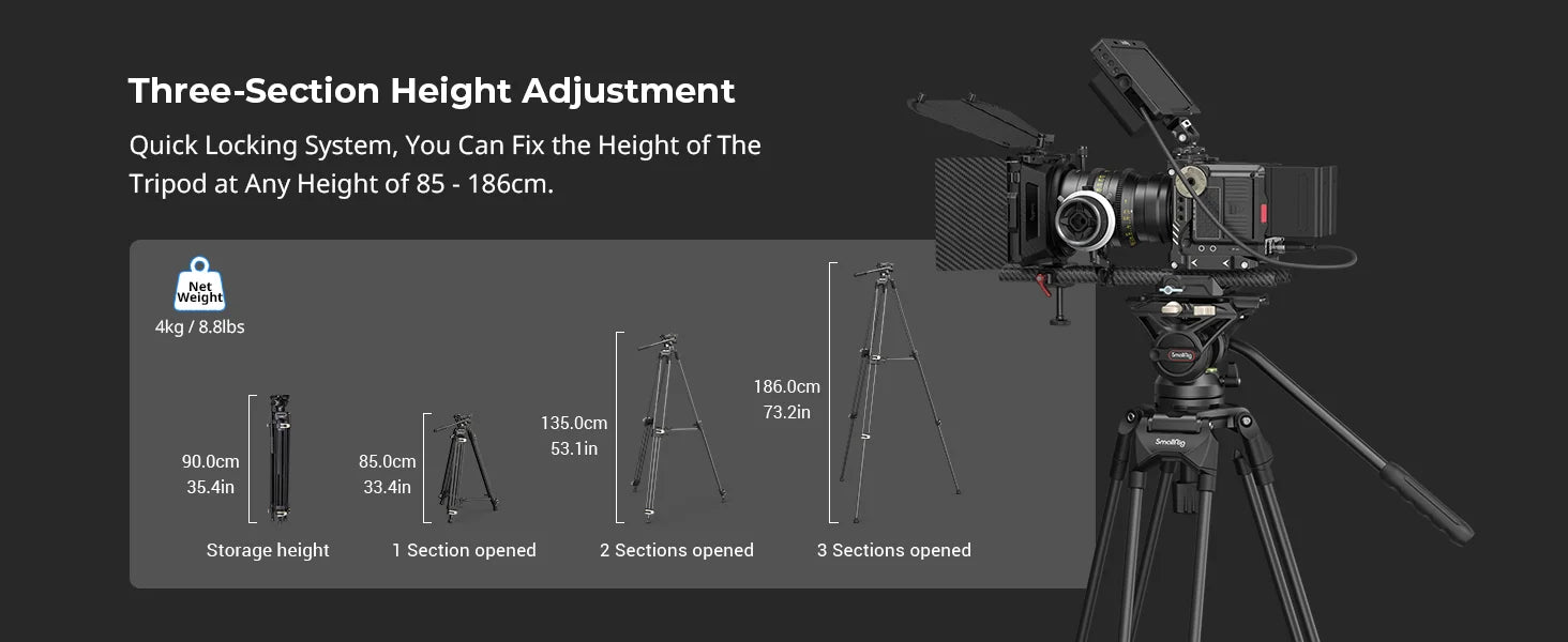 SmallRig AD-01 Heavy-Duty 360° Fluid Head Tripod 186cm Video Tripod with Quick Release Plate QR System for DSLR Camera Camcorder