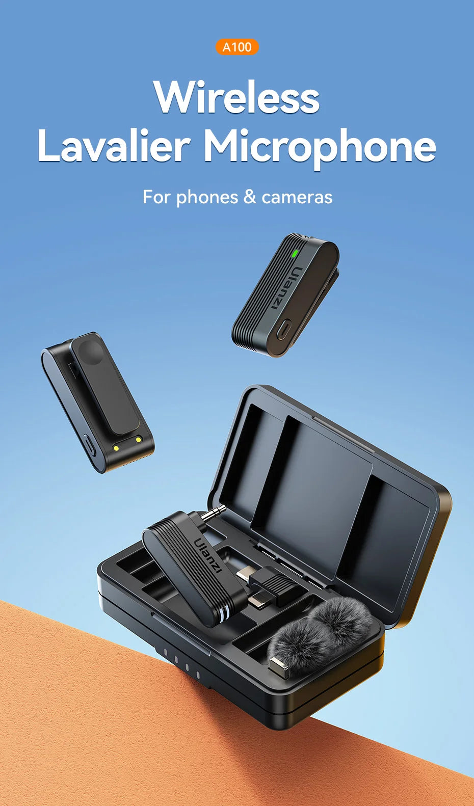 Ulanzi A100 Wireless Lavalier Microphone for Smartphones Cameras 20M Transmission for Street Interviews Vlogging Music Recording