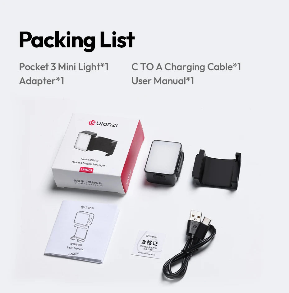 Ulanzi LM001 Pocket 3 Mini Light 3-Level Soft Light LED Video Light for DJI OSMO Pocket 3 for Photography Livestreaming Vlog