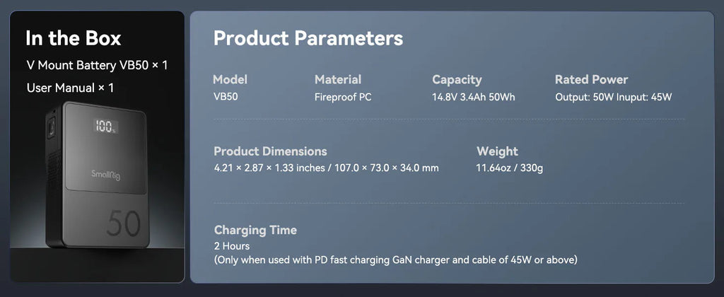 SMALLRIG V Mount Battery VB50 50Wh 3400mAh V Lock Battery with 45W Output USB-C D-TAP USB-A Dual DC Ports for Camera Camcorder