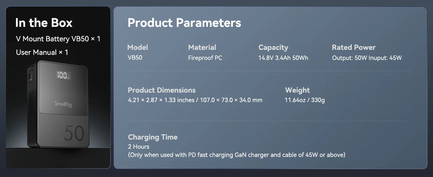 SMALLRIG V Mount Battery VB50 50Wh 3400mAh V Lock Battery with 45W Output USB-C D-TAP USB-A Dual DC Ports for Camera Camcorder