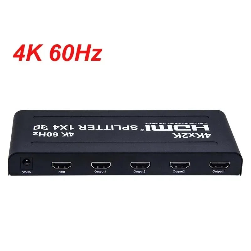 4K 3D 1x4 HDMI Splitter 1x2 Video Distributor 1 in 4 Out 2 Out 4K60Hz Dual Display for PS3 PS4 Camera Laptop PC To TV Monitor